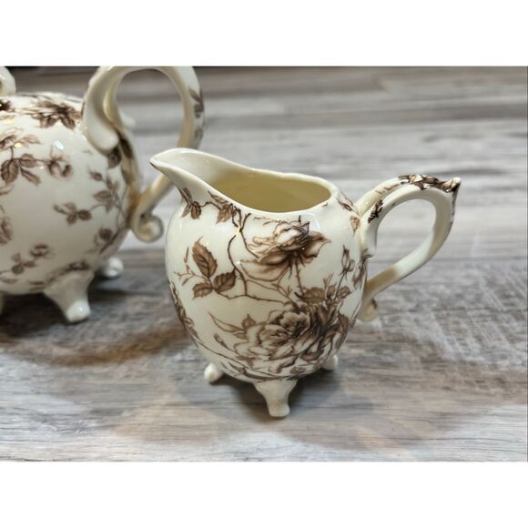 Brown Toile Collection Fine Porcelain Teapot Sugar Bowl and Creamer 3pc - Picture 13 of 14